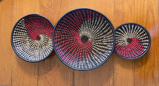 Set of 3 African Woven Baskets, Rwanda Baskets, Woven Bowls, Natural Sisal Fiber, Dining Centerpiece, Fruit & Bread Baskets, Wall Decoration