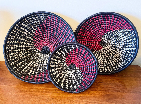 Set of 3 African Woven Baskets, Rwanda Baskets, Woven Bowls, Natural Sisal Fiber, Dining Centerpiece, Fruit & Bread Baskets, Wall Decoration