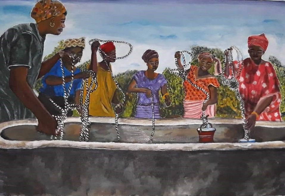 "Accessing the Water" by Diariétou Gueye, Original Multimedia Painting, African Art, Original African Art, African Wall Decor, Africa Home Decor