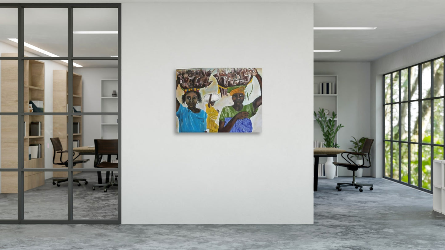 "Rural Women" by Diariétou Gueye, Original Multimedia Painting, African Art, Original African Art, African Wall Decor, Africa Home Decor