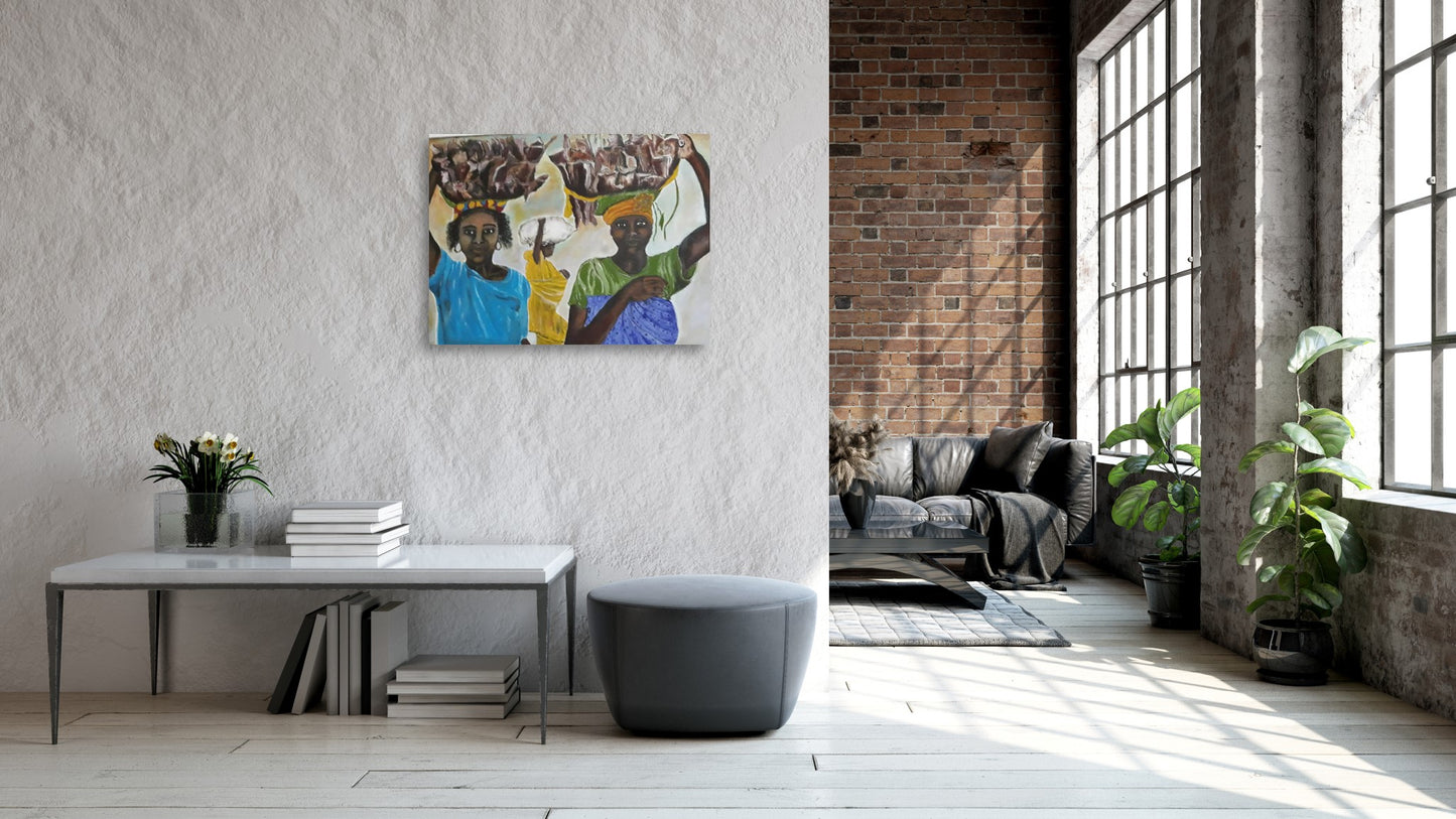 "Rural Women" by Diariétou Gueye, Original Multimedia Painting, African Art, Original African Art, African Wall Decor, Africa Home Decor