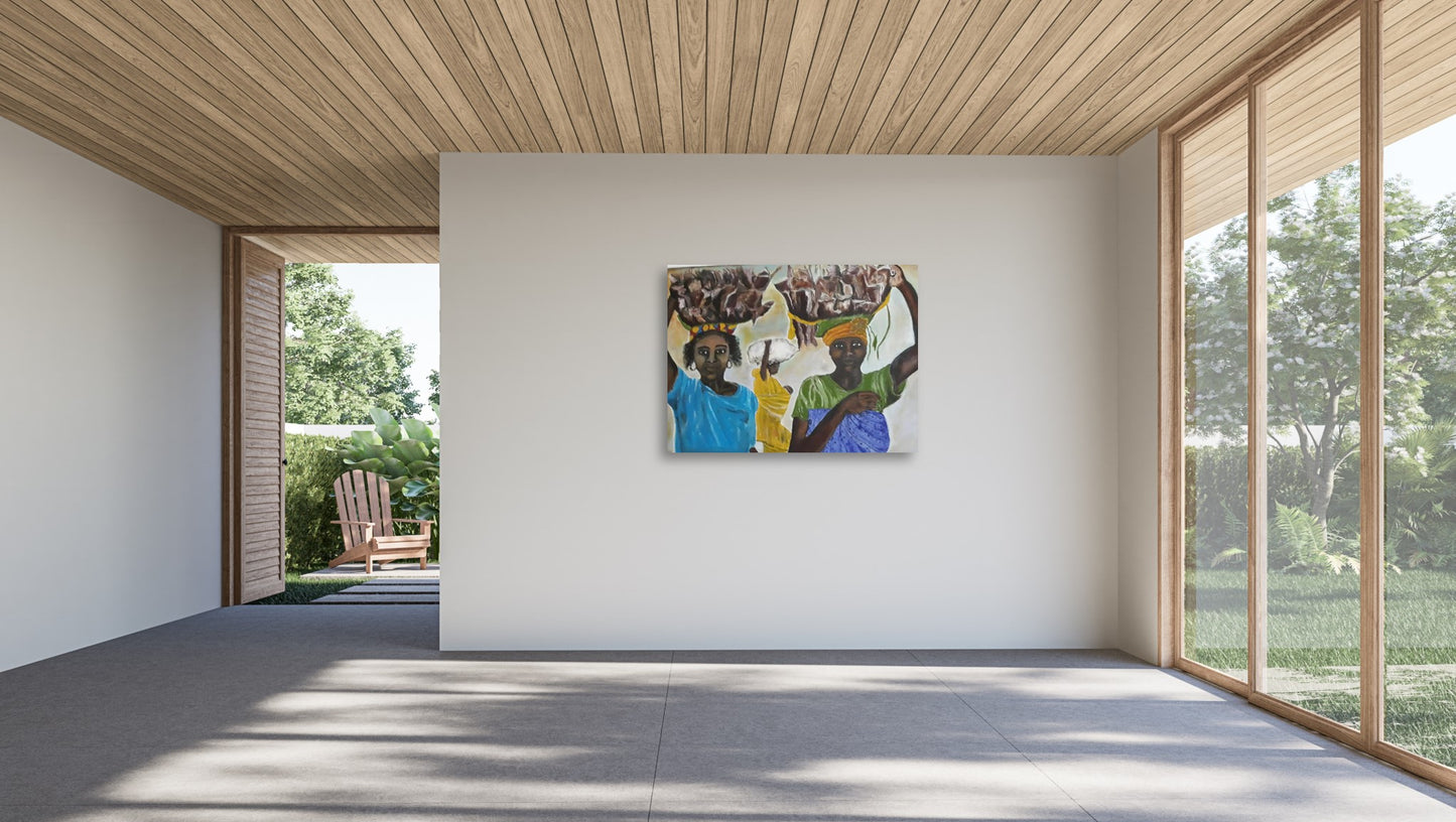 "Rural Women" by Diariétou Gueye, Original Multimedia Painting, African Art, Original African Art, African Wall Decor, Africa Home Decor