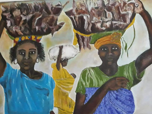 "Rural Women" by Diariétou Gueye, Original Multimedia Painting, African Art, Original African Art, African Wall Decor, Africa Home Decor