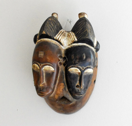 Hand-Carved African Twins Mask, Cote D'Ivoire Mask Made of Wood, Baoule Spiritual Mask, Wall Decor, Wall Hanging