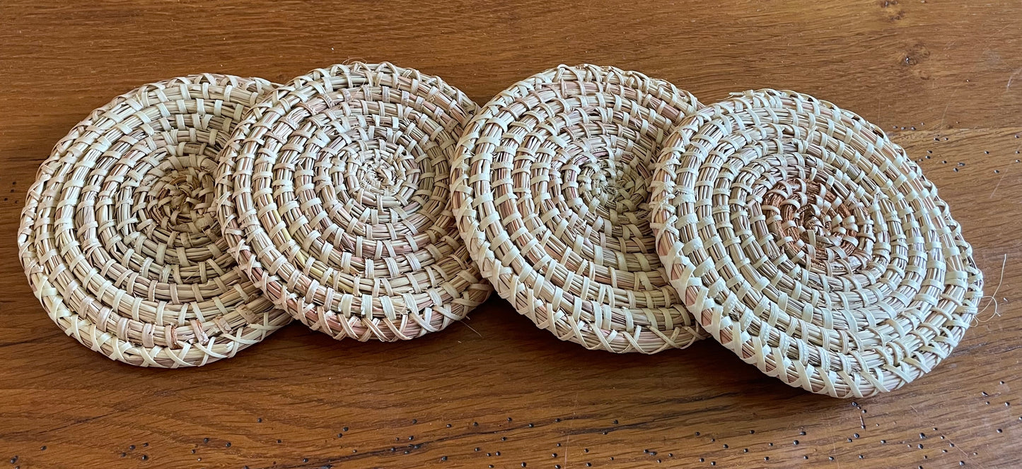 African Woven Coaster, Senegal Coaster, Natural Fiber, 4 3/4" diameter, Set of 4