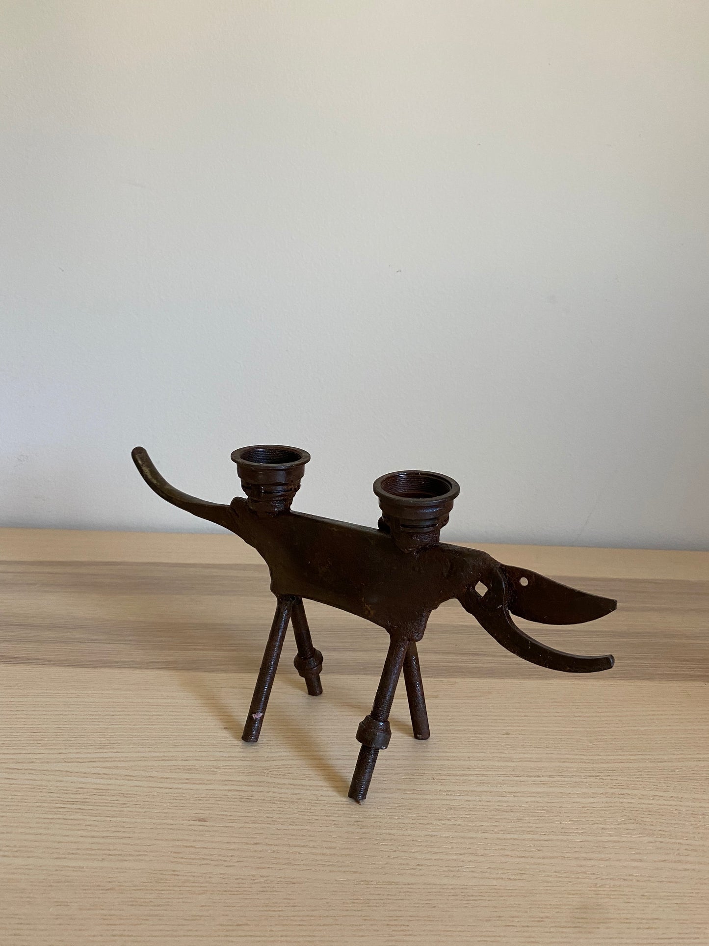 African Dog Candleholder, Senegal Metal Sculpture, Made with Recycled Materials