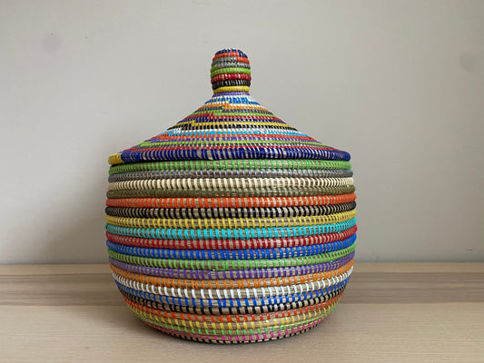 African Woven Decorative Storage Basket, Senegal Lidded Basket, Natural Palm Fiber, Toy Storage