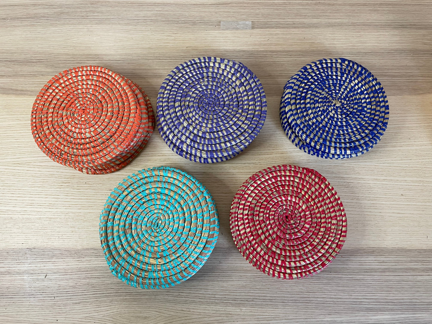 African Woven Coaster, Senegal Coaster, Natural Fiber, 4 3/4" diameter, Set of 4