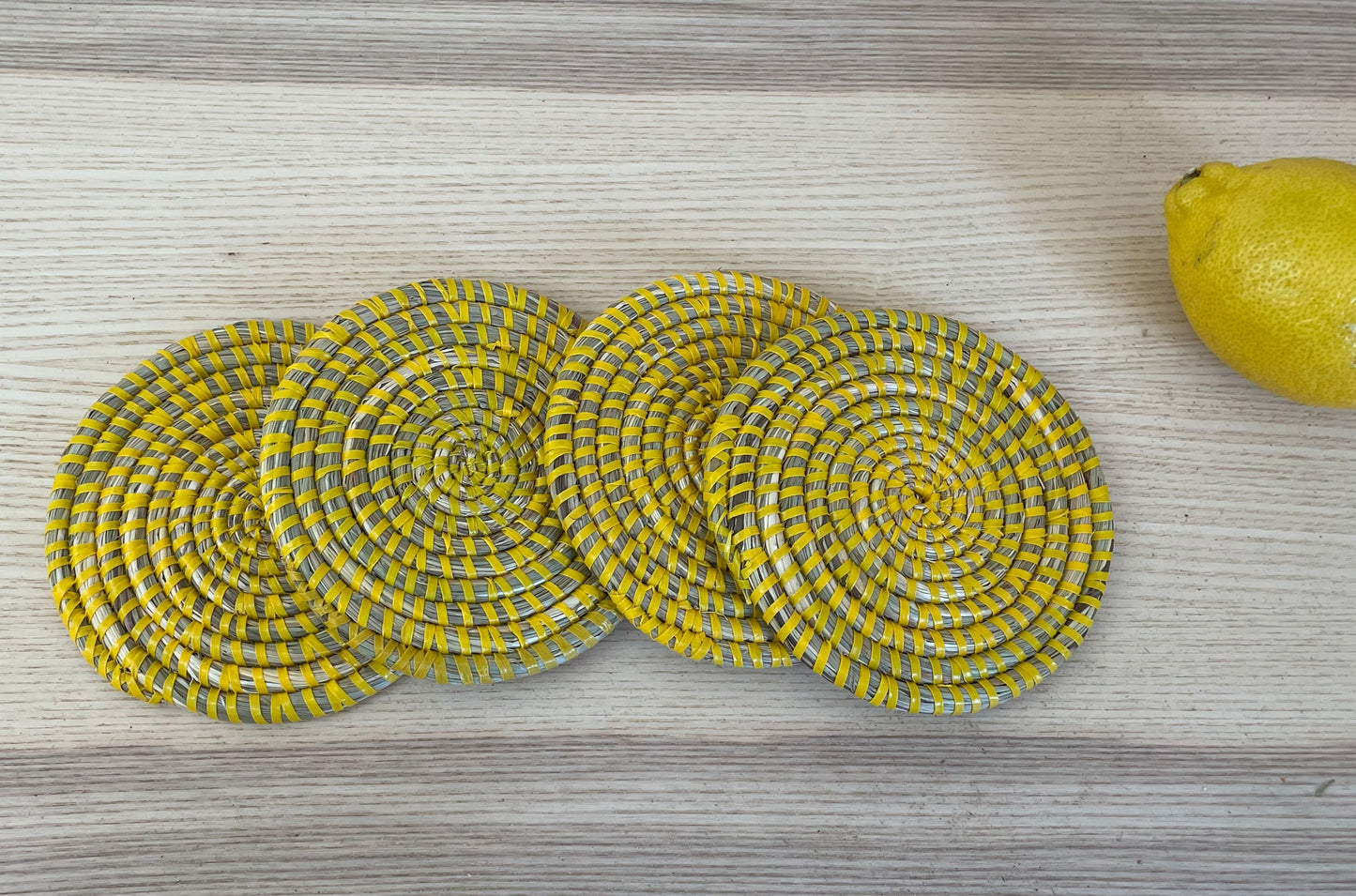 African Woven Coaster, Senegal Coaster, Natural Fiber, 4 3/4" diameter, Set of 4