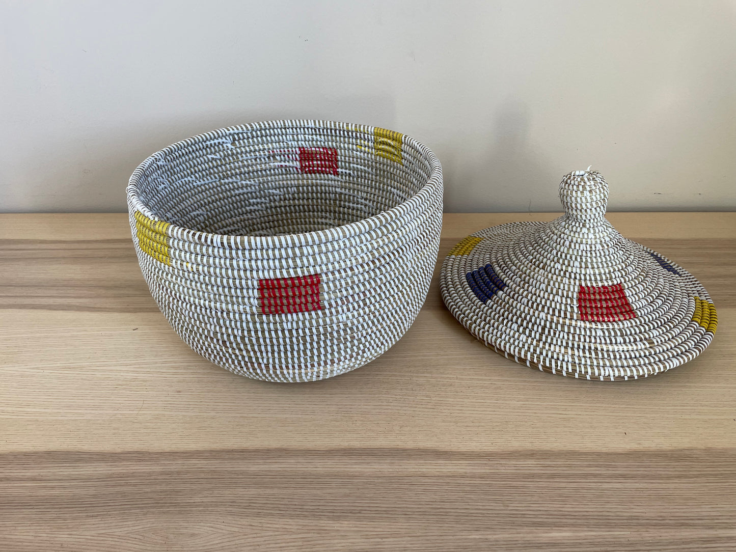 African Woven Decorative Storage Basket, Senegal Lidded Basket, Natural Palm Fiber, Toy Storage