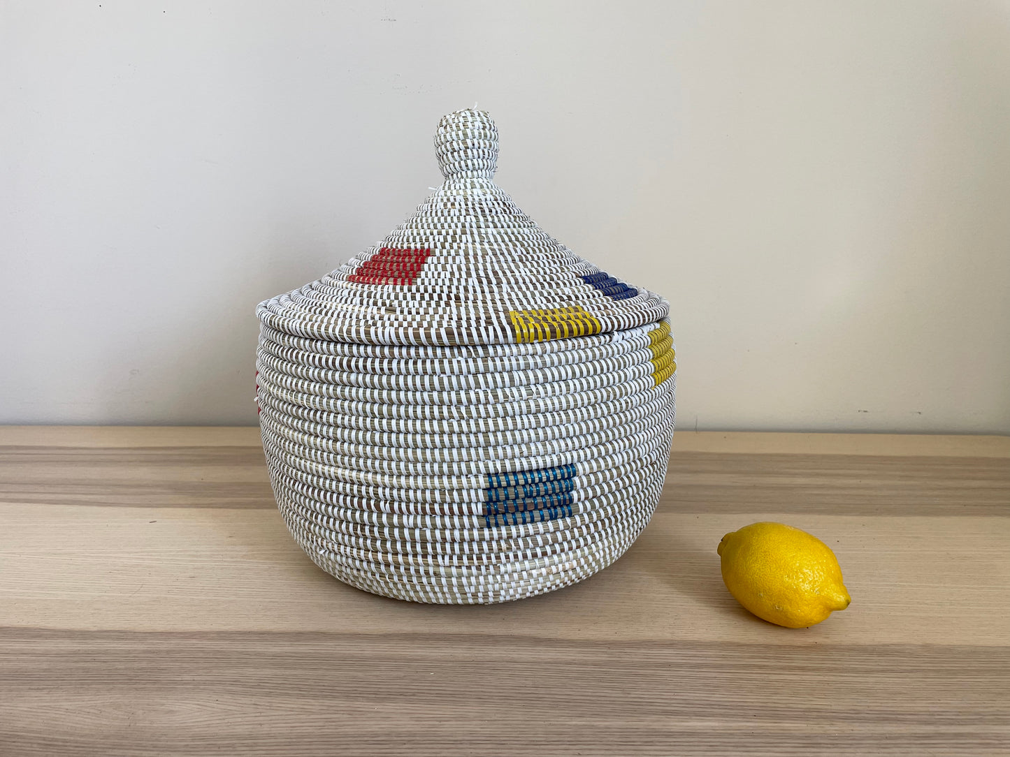 African Woven Decorative Storage Basket, Senegal Lidded Basket, Natural Palm Fiber, Toy Storage