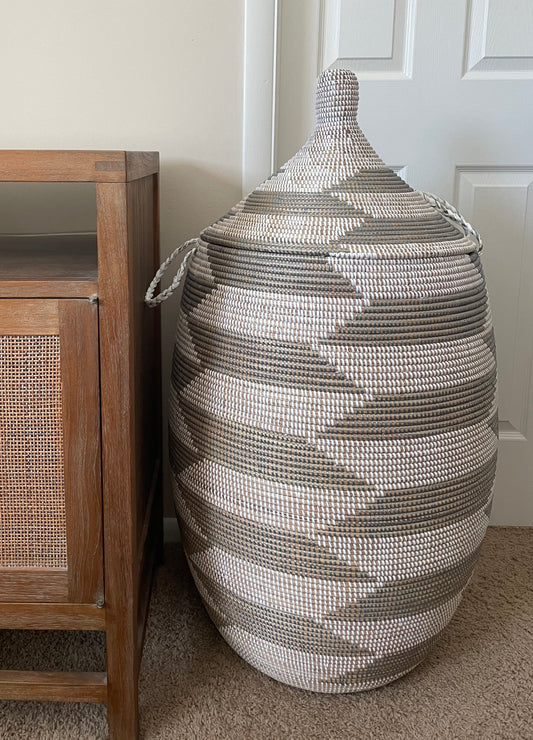 African Jumbo Woven Decorative Basket, Senegal Laundry Basket/Hamper, 38" Tall/19" Diameter, Home Decor