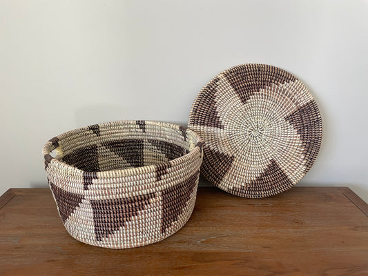 African Woven Decorative Storage Basket, Senegal Lidded Basket, Natural Palm Fiber, Toy Storage