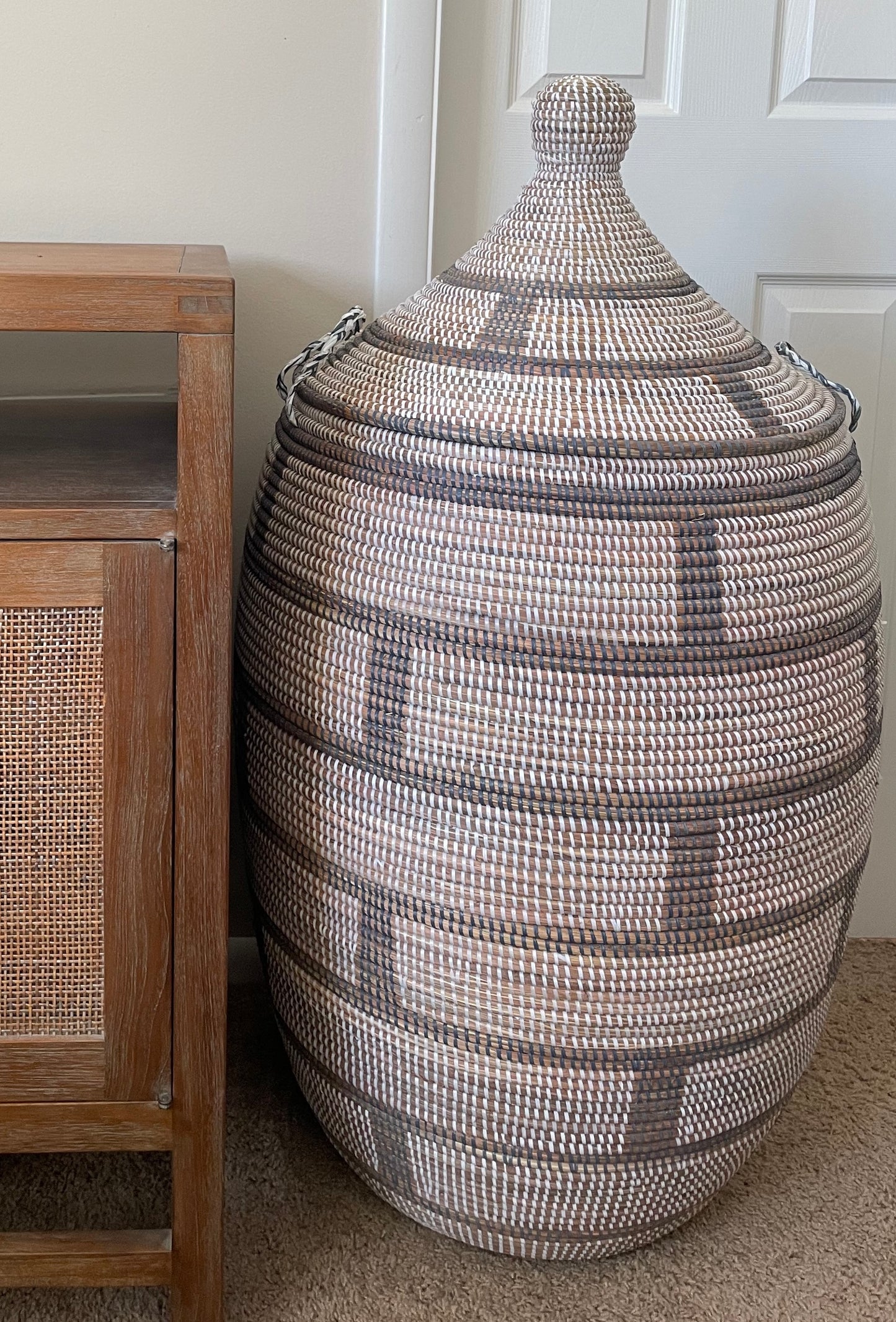 African Jumbo Woven Decorative Basket, Senegal Laundry Basket/Hamper, 38" Tall/19" Diameter, Home Decor