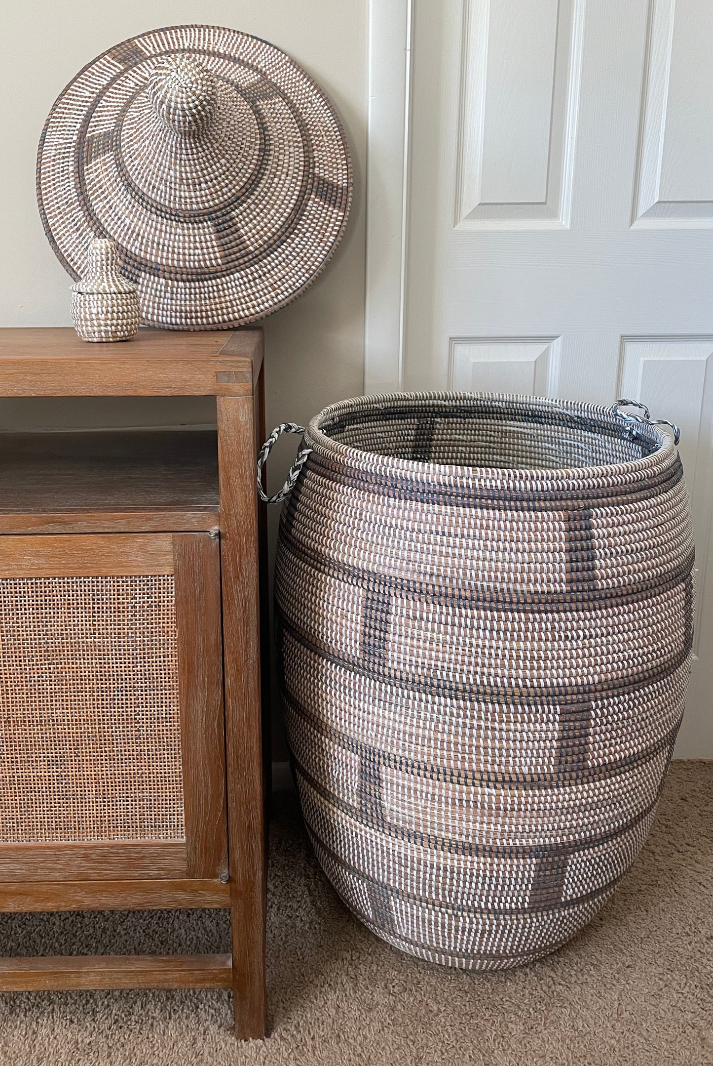 African Jumbo Woven Decorative Basket, Senegal Laundry Basket/Hamper, 38" Tall/19" Diameter, Home Decor