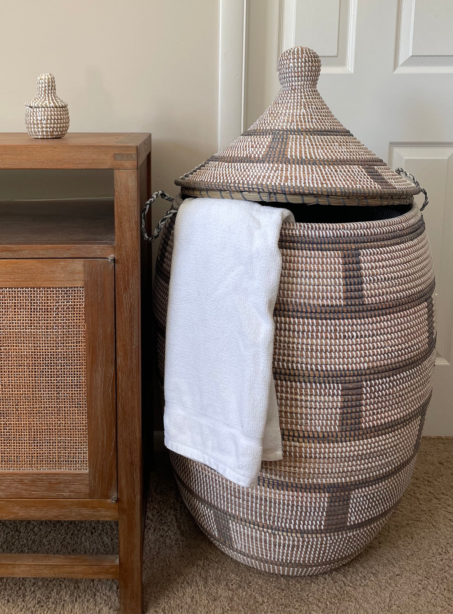 African Jumbo Woven Decorative Basket, Senegal Laundry Basket/Hamper, 38" Tall/19" Diameter, Home Decor