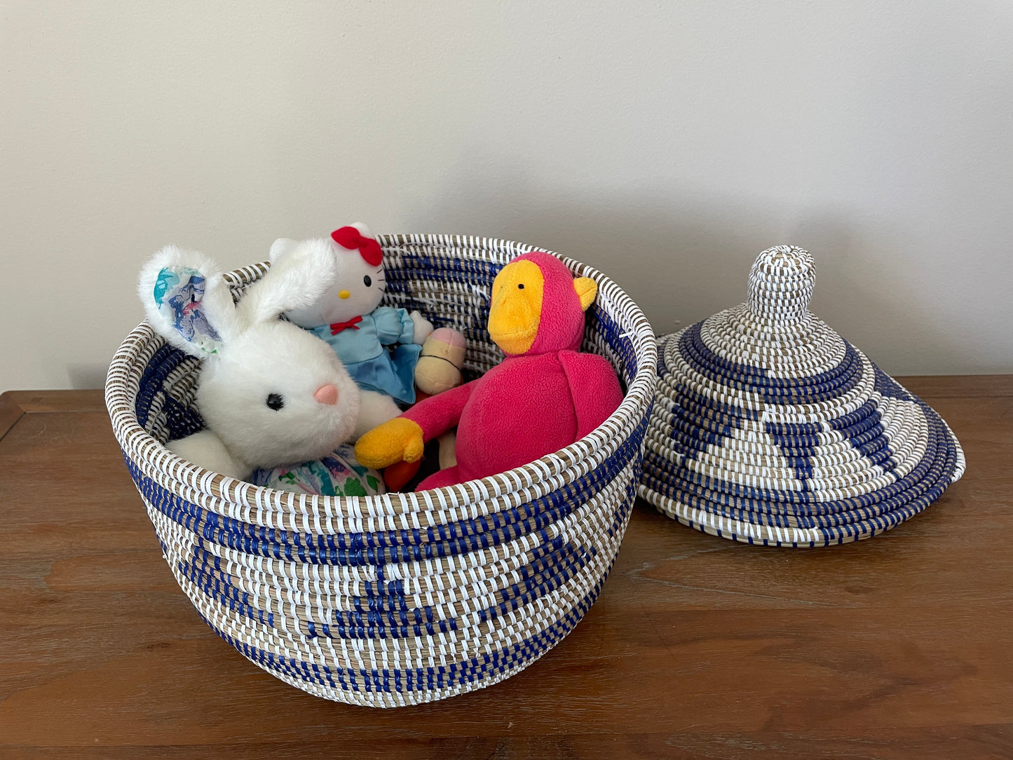 African Woven Decorative Storage Basket, Senegal Lidded Basket, Natural Palm Fiber, Toy Storage