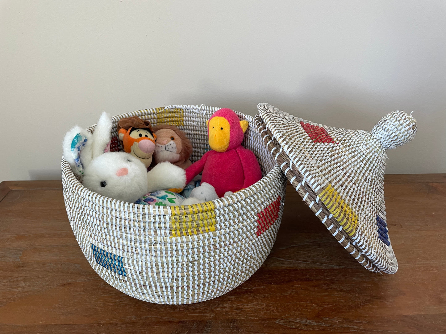 African Woven Decorative Storage Basket, Senegal Lidded Basket, Natural Palm Fiber, Toy Storage