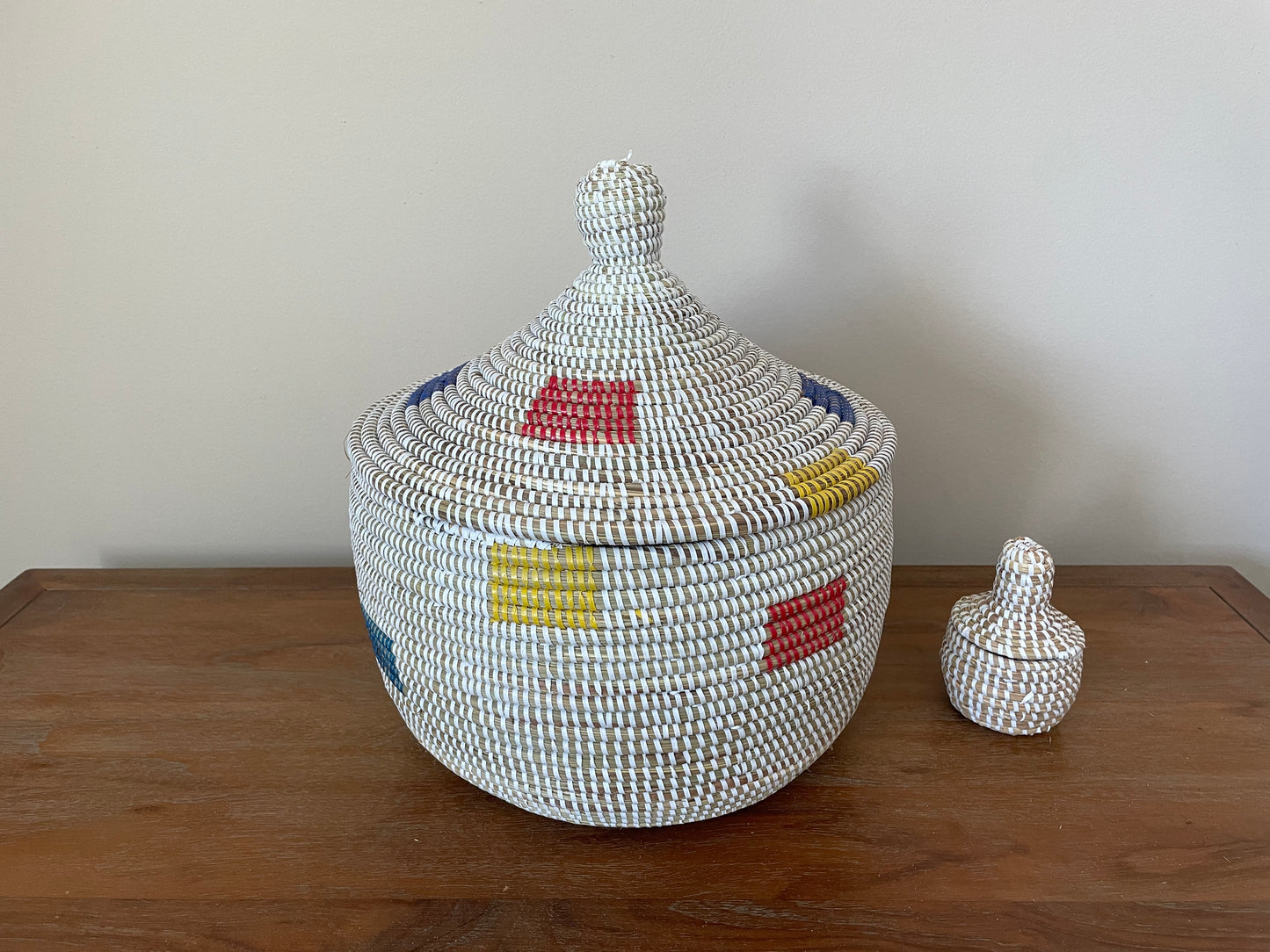 African Woven Decorative Storage Basket, Senegal Lidded Basket, Natural Palm Fiber, Toy Storage