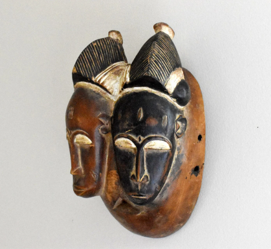 Hand-Carved African Twins Mask, Cote D'Ivoire Mask Made of Wood, Baoule Spiritual Mask, Wall Decor, Wall Hanging