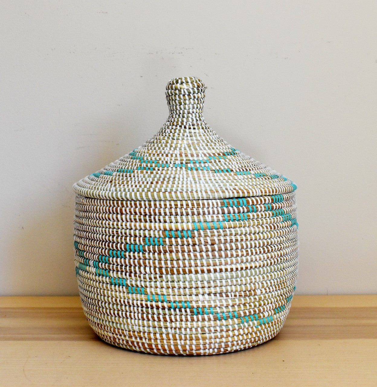 African Woven Decorative Storage Basket, Senegal Lidded Basket, Natural Palm Fiber, Toy Storage