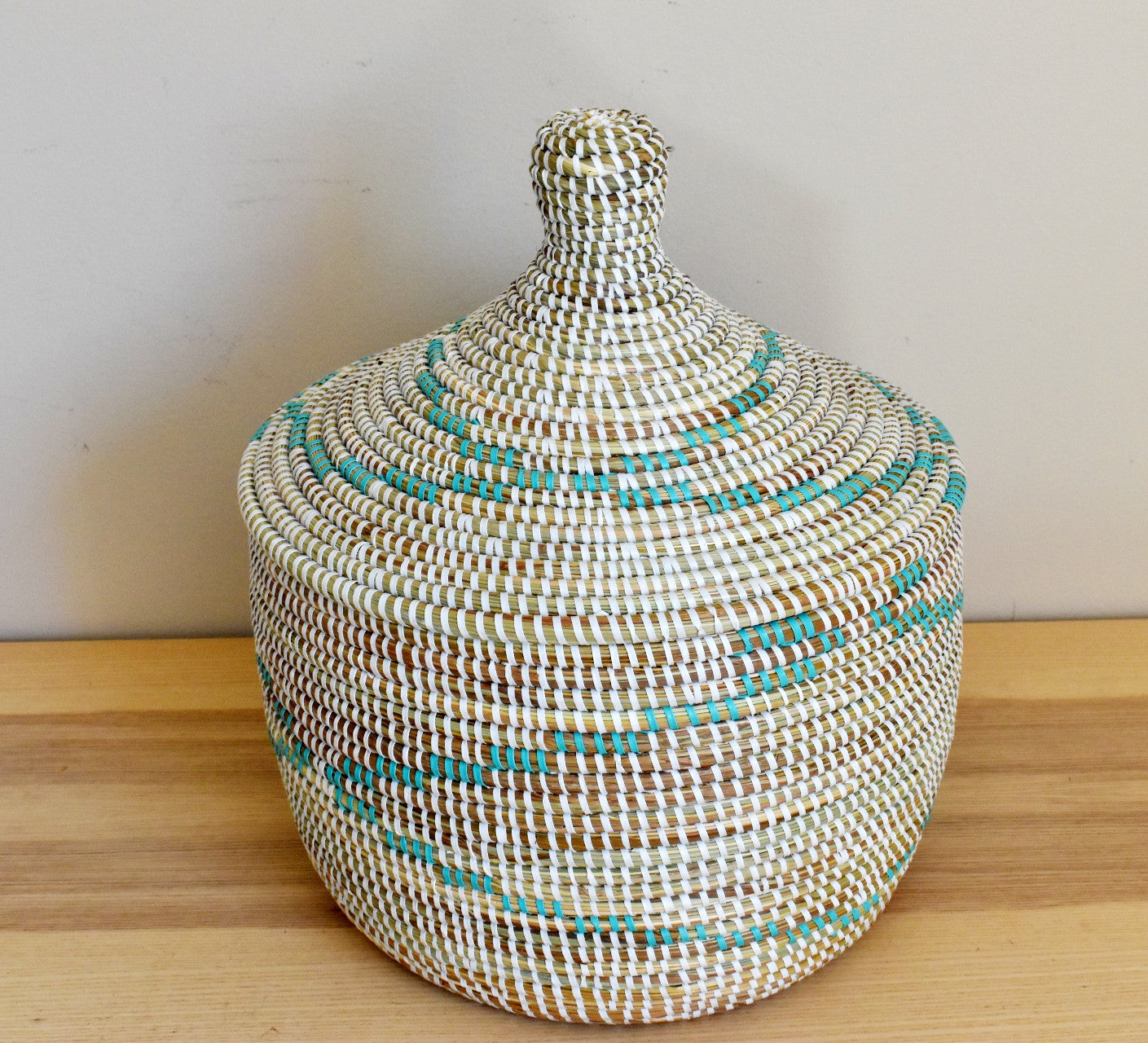 African Woven Decorative Storage Basket, Senegal Lidded Basket, Natural Palm Fiber, Toy Storage