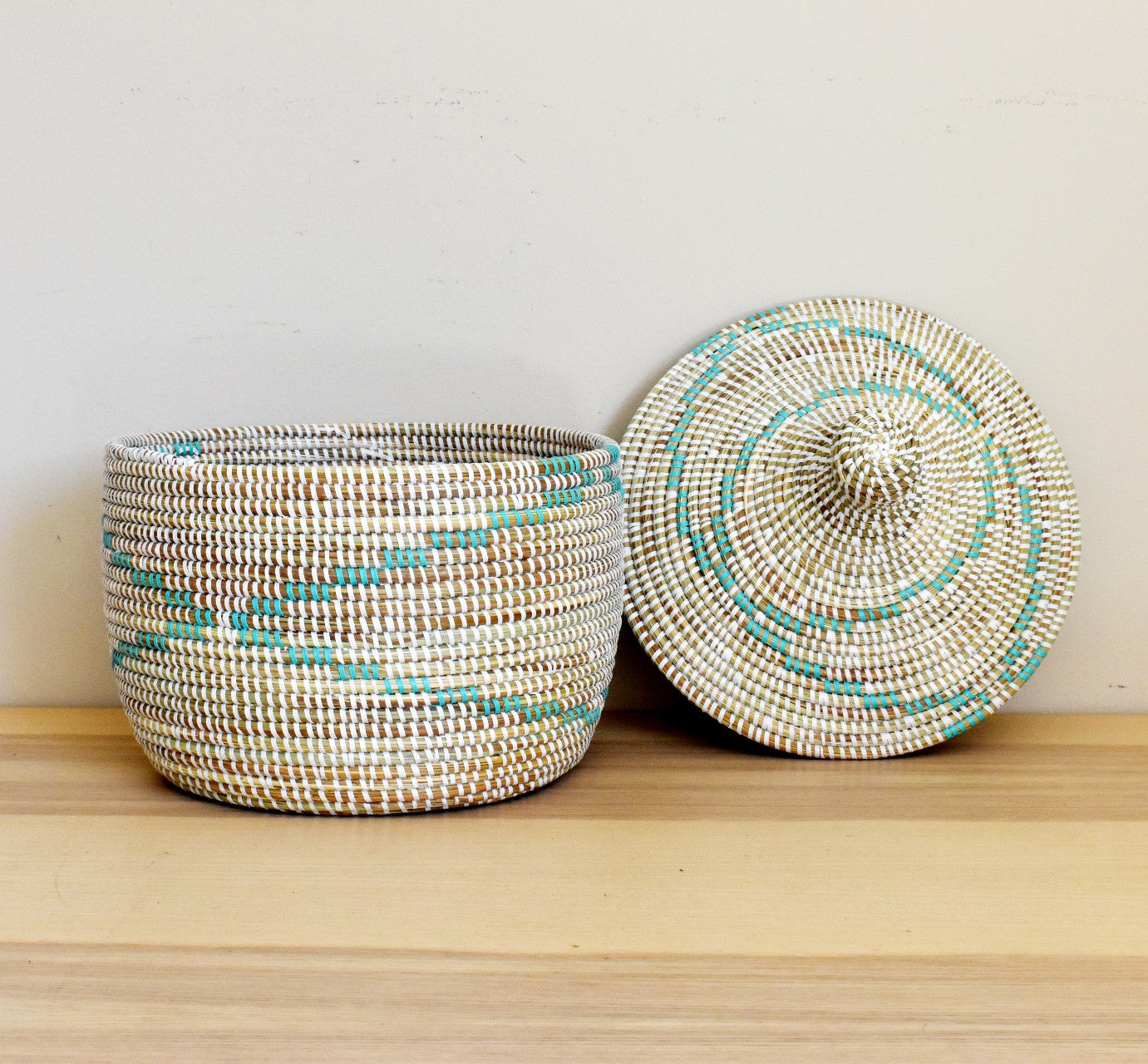 African Woven Decorative Storage Basket, Senegal Lidded Basket, Natural Palm Fiber, Toy Storage