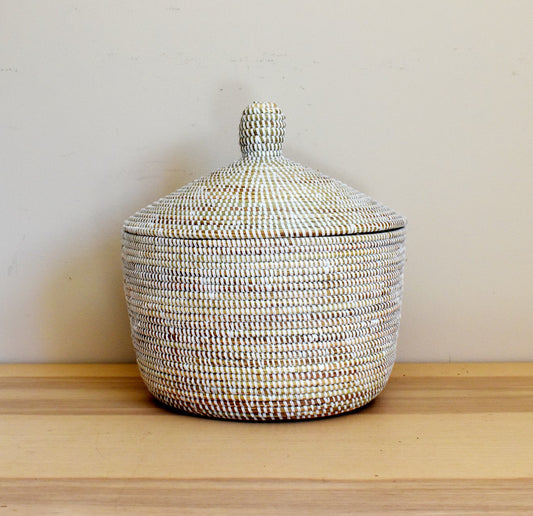 African Woven Decorative Storage Basket, Senegal Lidded Basket, Natural Palm Fiber, Toy Storage