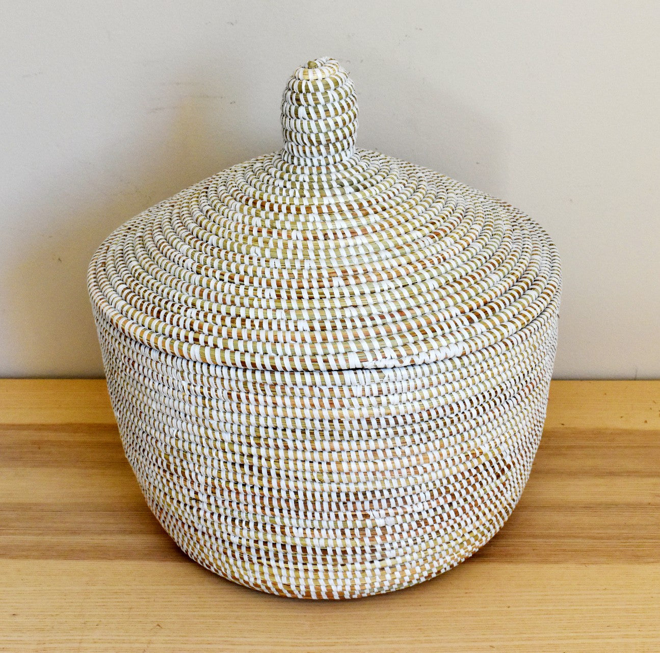 African Woven Decorative Storage Basket, Senegal Lidded Basket, Natural Palm Fiber, Toy Storage