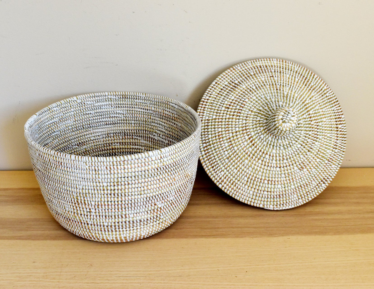 African Woven Decorative Storage Basket, Senegal Lidded Basket, Natural Palm Fiber, Toy Storage