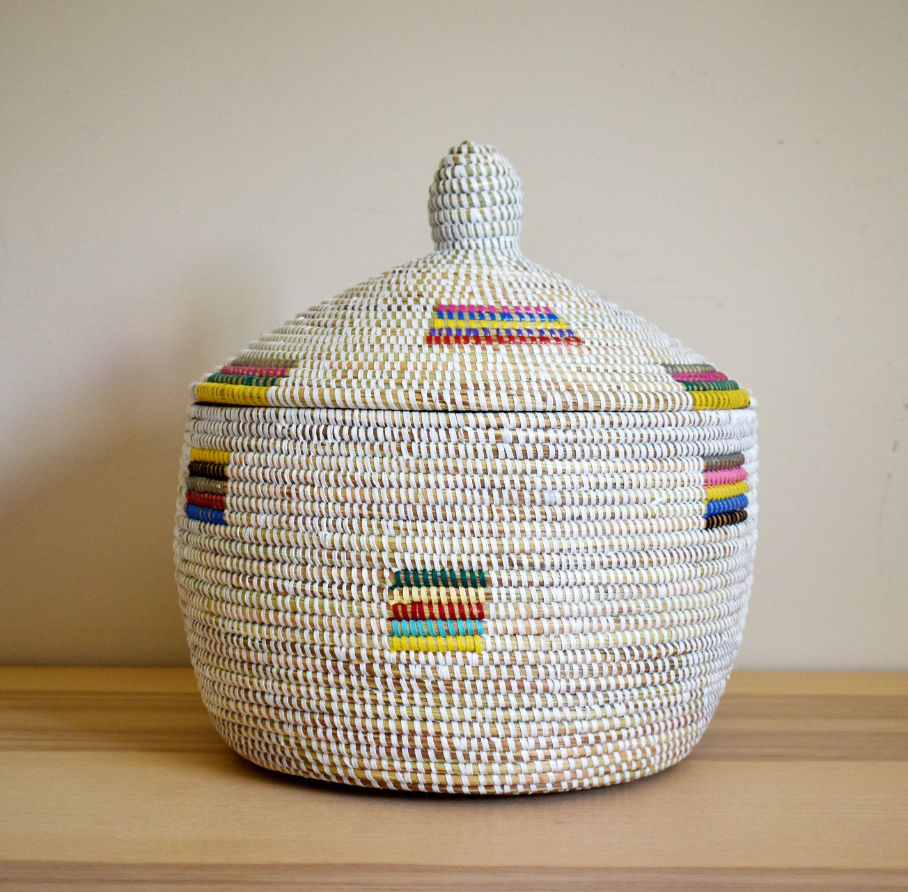 African Woven Decorative Storage Basket, Senegal Lidded Basket, Natural Palm Fiber, Toy Storage