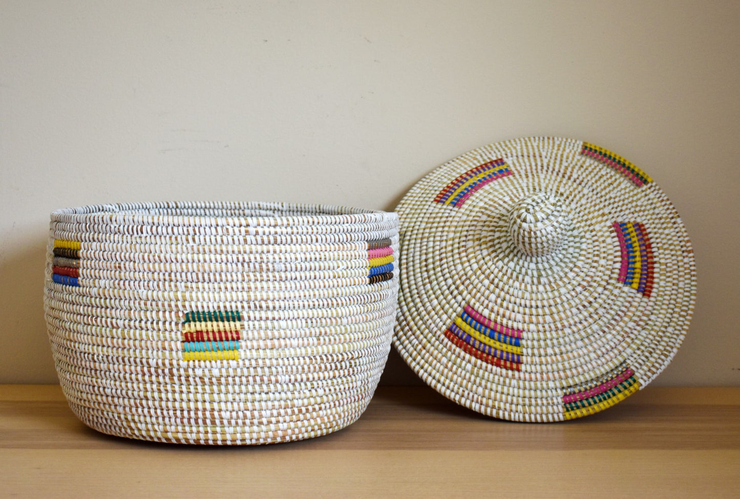 African Woven Decorative Storage Basket, Senegal Lidded Basket, Natural Palm Fiber, Toy Storage