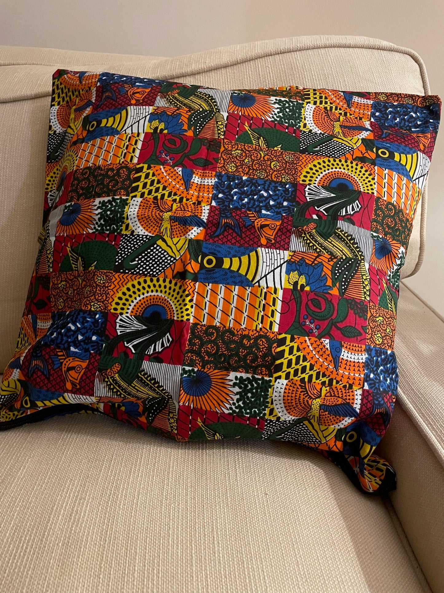 African Decorative Pillow Cover with Real Wax Block Print Fabric, Imported Authentic Handmade in Senegal, Sofa Pillow Cover