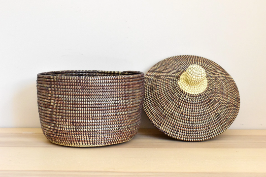 African Woven Decorative Storage Basket, Senegal Lidded Basket, Natural Palm Fiber, Toy Storage