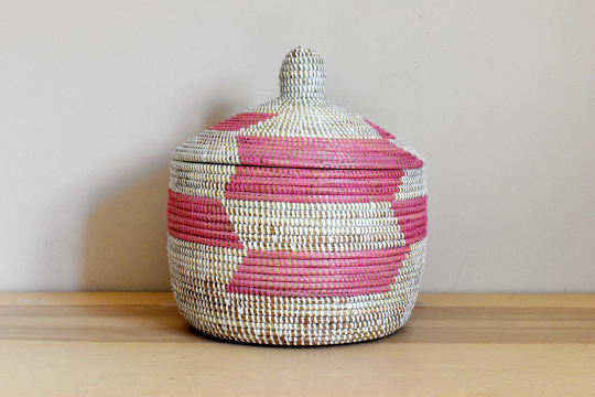 African Woven Decorative Storage Basket, Senegal Lidded Basket, Natural Palm Fiber, Toy Storage