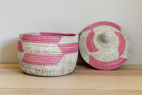 African Woven Decorative Storage Basket, Senegal Lidded Basket, Natural Palm Fiber, Toy Storage