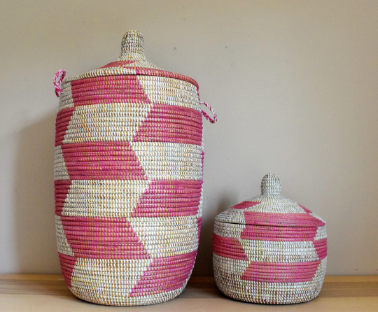 African Woven Decorative Storage Basket, Senegal Lidded Basket, Natural Palm Fiber, Toy Storage