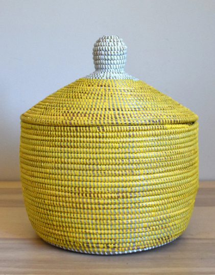 African Woven Decorative Storage Basket, Senegal Lidded Basket, Natural Palm Fiber, Toy Storage