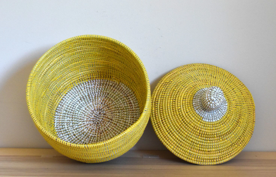 African Woven Decorative Storage Basket, Senegal Lidded Basket, Natural Palm Fiber, Toy Storage