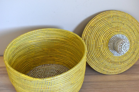 African Woven Decorative Storage Basket, Senegal Lidded Basket, Natural Palm Fiber, Toy Storage