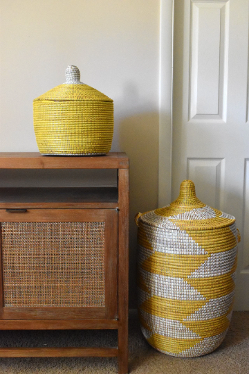 African Woven Decorative Storage Basket, Senegal Lidded Basket, Natural Palm Fiber, Toy Storage