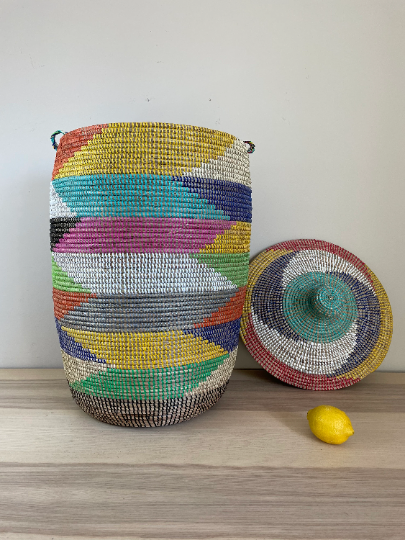 African Jumbo Woven Basket, Senegal Laundry Basket/Hamper, storage basket, 36" Tall/21" Diameter