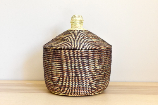 African Woven Decorative Storage Basket, Senegal Lidded Basket, Natural Palm Fiber, Toy Storage