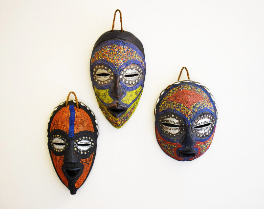 Hand-Carved African Mask, Congo Mask Made of Wood, Beads and Metal, Wall Decor