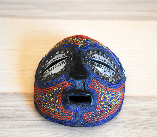 Hand-Carved African Mask, Congo Mask Made of Wood, Beads, Shells and Metal, Wall Decor, Wall Hanging