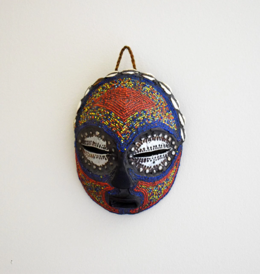 Hand-Carved African Mask, Congo Mask Made of Wood, Beads, Shells and Metal, Wall Decor, Wall Hanging