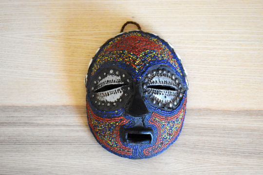 Hand-Carved African Mask, Congo Mask Made of Wood, Beads, Shells and Metal, Wall Decor, Wall Hanging