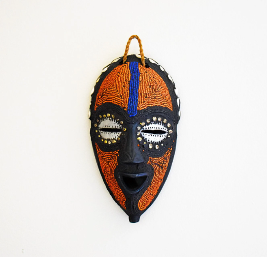 Hand-Carved African Mask, Congo Mask Made of Wood, Beads, Shells and Metal, Wall Decor, Wall Hanging