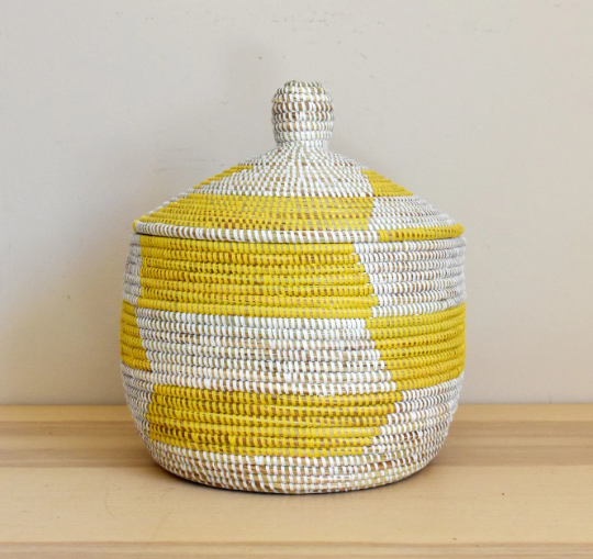 African Woven Decorative Storage Basket, Senegal Lidded Basket, Natural Palm Fiber, Toy Storage