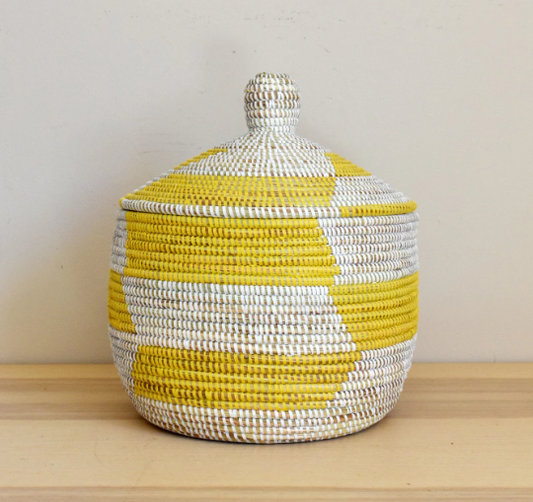 African Woven Decorative Storage Basket, Senegal Lidded Basket, Natural Palm Fiber, Toy Storage